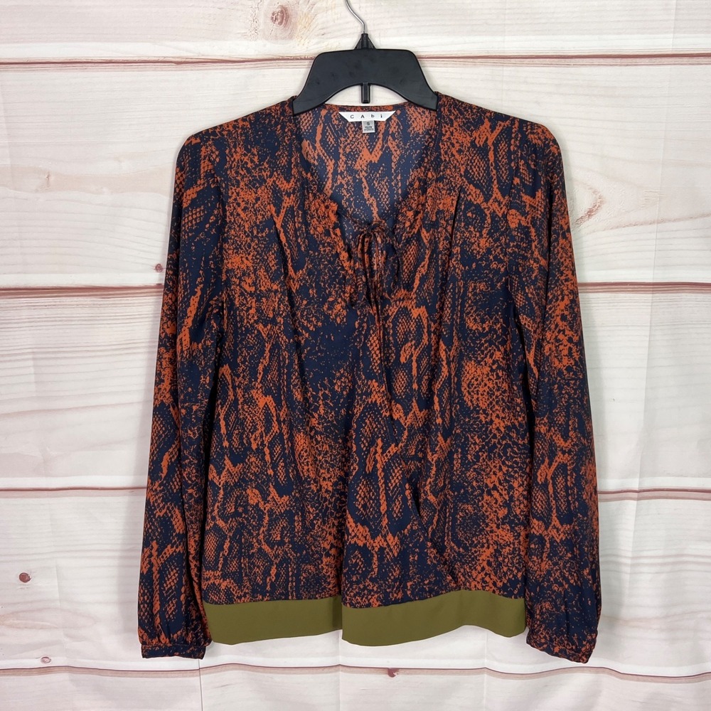 CAbi Top Womens S Blue Orange Snakeskin Print Blouse Faux Wrap Tie Neck‎ Woven